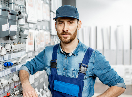 A man wearing a blue cap and overalls stands in front of a display of plumbing and electrical supplies in a Colorado hardware store.