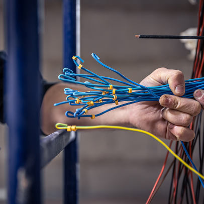 A hand holds a bundle of blue electrical wires with yellow tags, alongside other colored wires, highlighting the complexity of electrical and mechanical systems in an indoor setting.