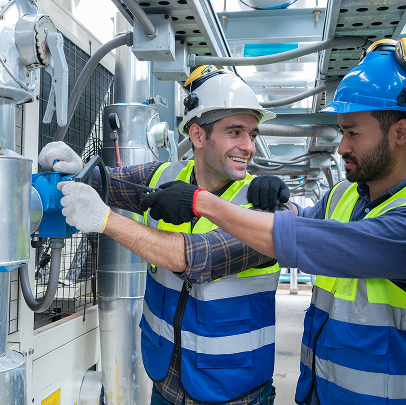 Two workers in safety gear adjust mechanical machinery at an industrial facility, both wearing helmets, gloves, and reflective vests.
