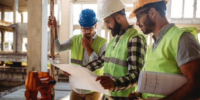 Three construction workers wearing safety vests and helmets review mechanical blueprints and equipment at a Colorado construction site.