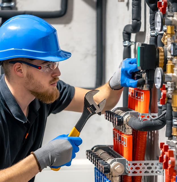 A technician wearing a blue hard hat and gloves uses a wrench to adjust mechanical valves on industrial pipes and equipment in Colorado.
